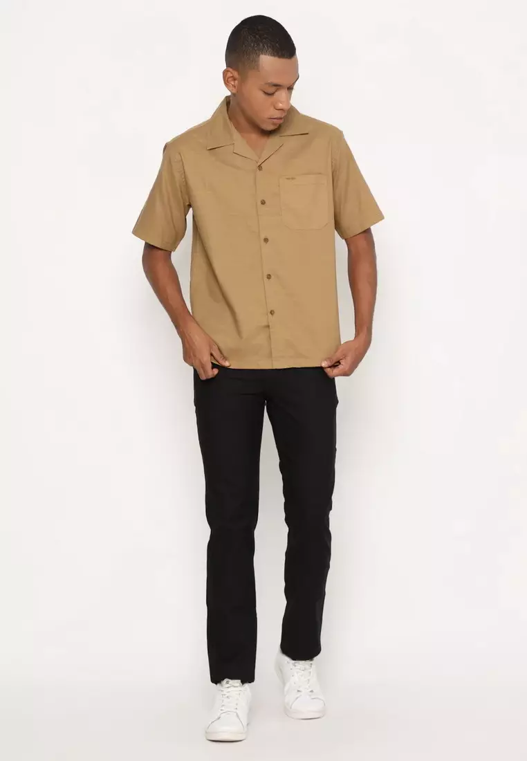 RBJ Kemeja Polos Cotton Slub Krah Hawaii Khaky Tua Regular Fit Pria