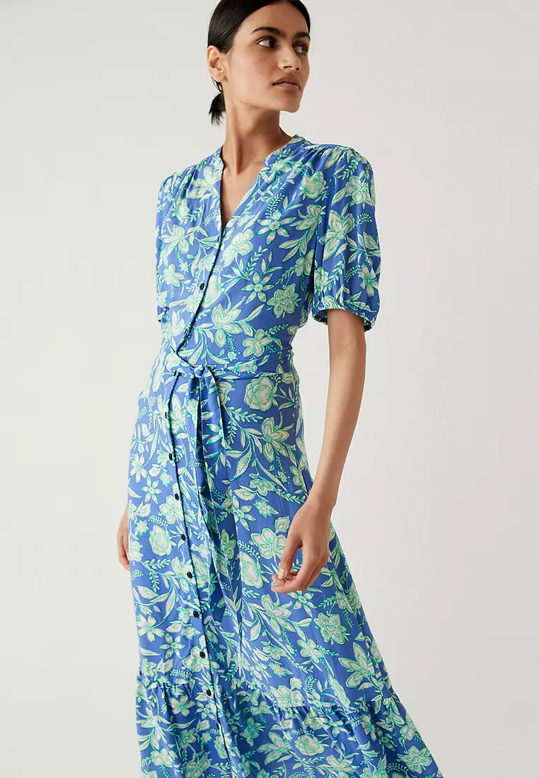 Printed Round Neck Belted Midi Shirt Dress