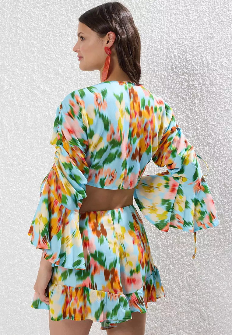 Floral Patterned Woven Blouse Shorts Beach Set TBESS23AU00128