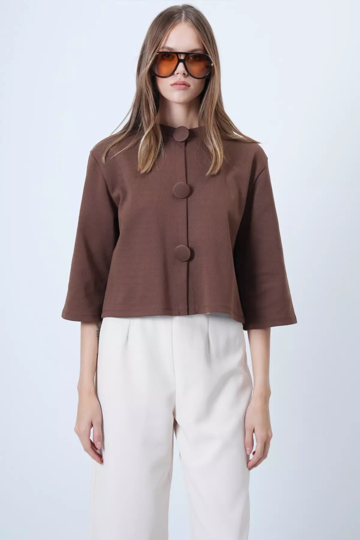 Brown Coated Buttoned Crew Neck Special Design Crop Jacket Alc-X14647