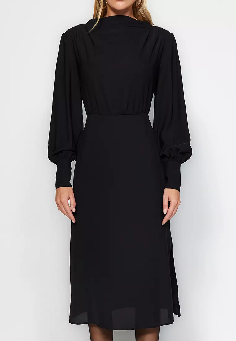 Black Midi Slit Woven Dress