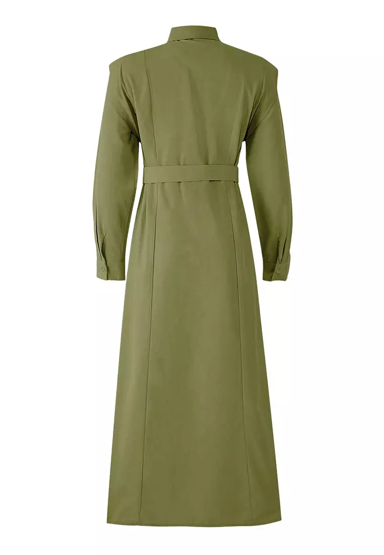 Khaki Belt Buckle Detailed Woven Terrycotton Dress Tctss25Eb00134