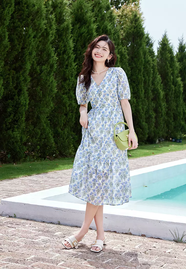 Summer Puff Sleeve V-Neck A-Line Floral Dress