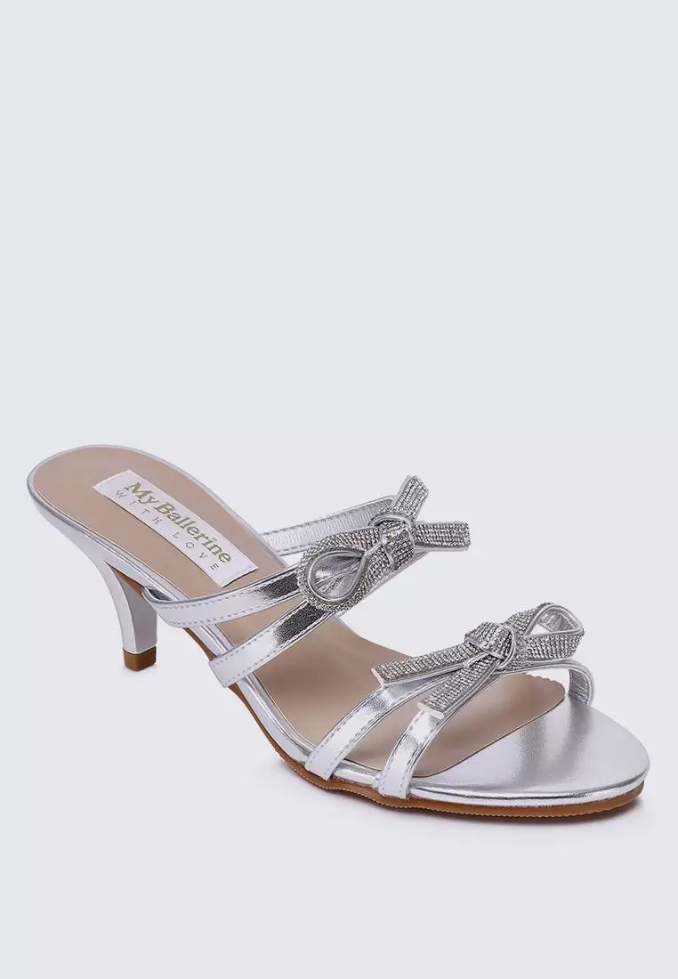 Crystal Comfy Heels In Silver