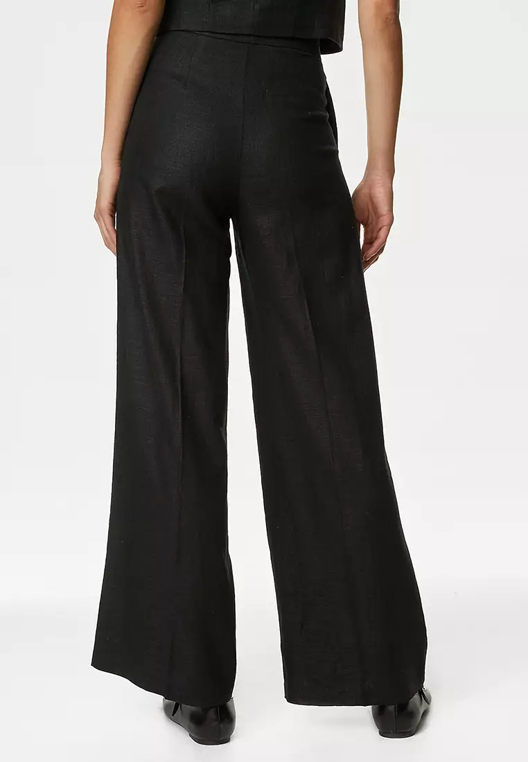 Linen Rich Pleated Wide Leg Trousers