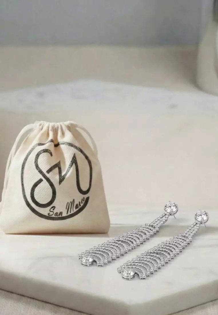 Aksesoris Anting Wanita Diamante Embellish Glamourous Long Earring Silver 