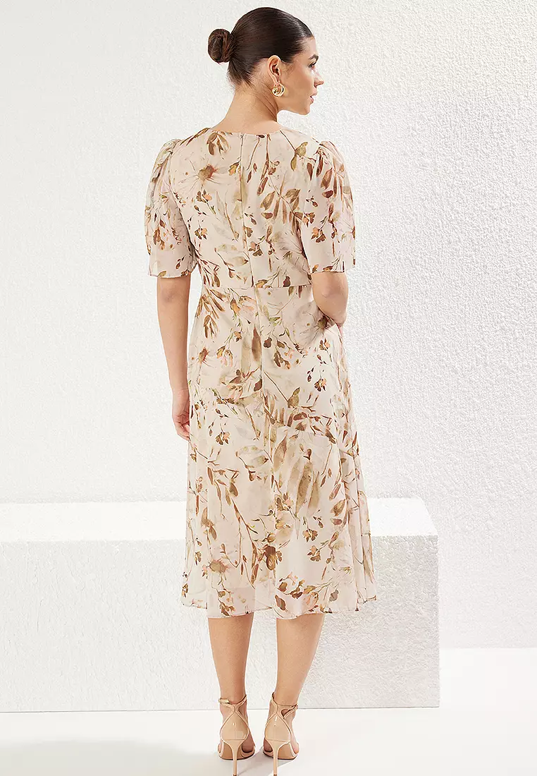 Light Brown Floral A-Line Midi Chiffon Lined Woven Dress