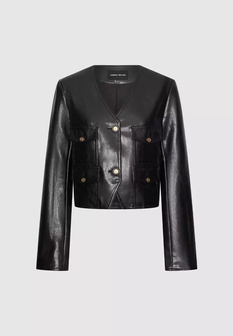 Faux Leather Collarless V-Neck Jackets