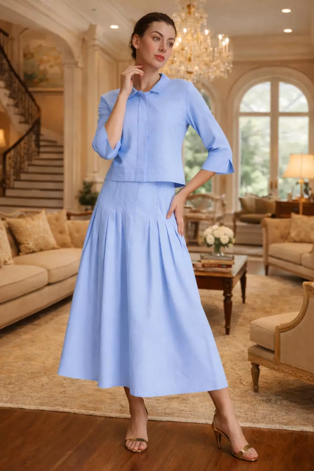 Essentials Cropped One Set Linen Top & Pleated Skirt Set Blue (One Set Shirt & Skirt)