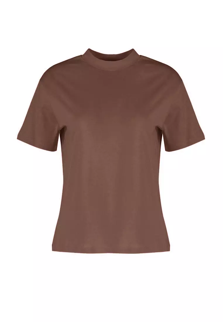 Light Brown 100% Cotton Basic Regular/Normal Pattern Stand Collar Knitted T-Shirt TWOAW20TS0096