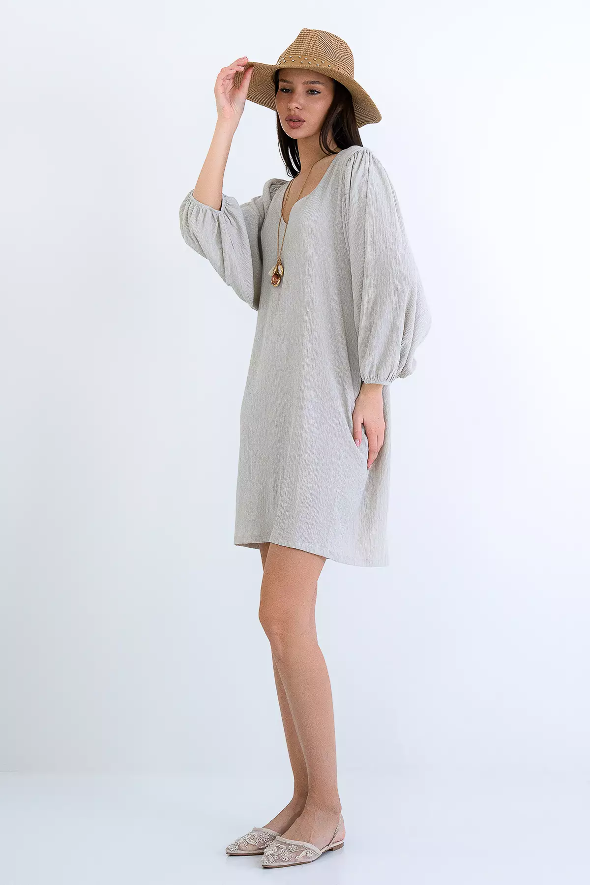 Beige V-Neck Princess Sleeve Wrap Mini Dress Alc-X15160