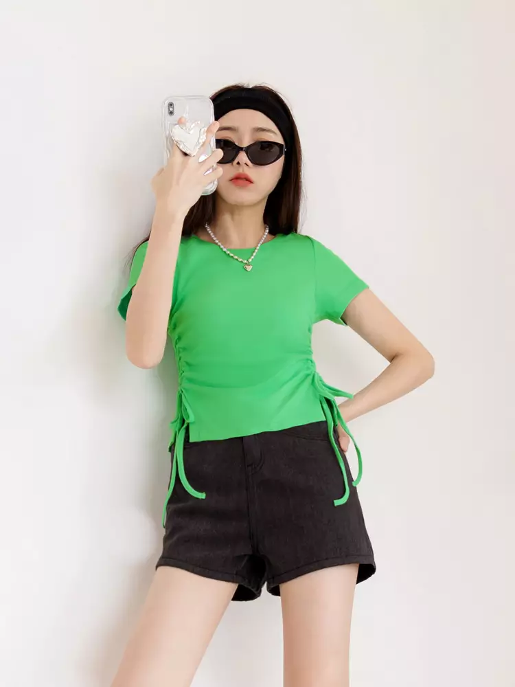 Ribbed side drawstring cinched waist cropped T-shirt [AB18604]