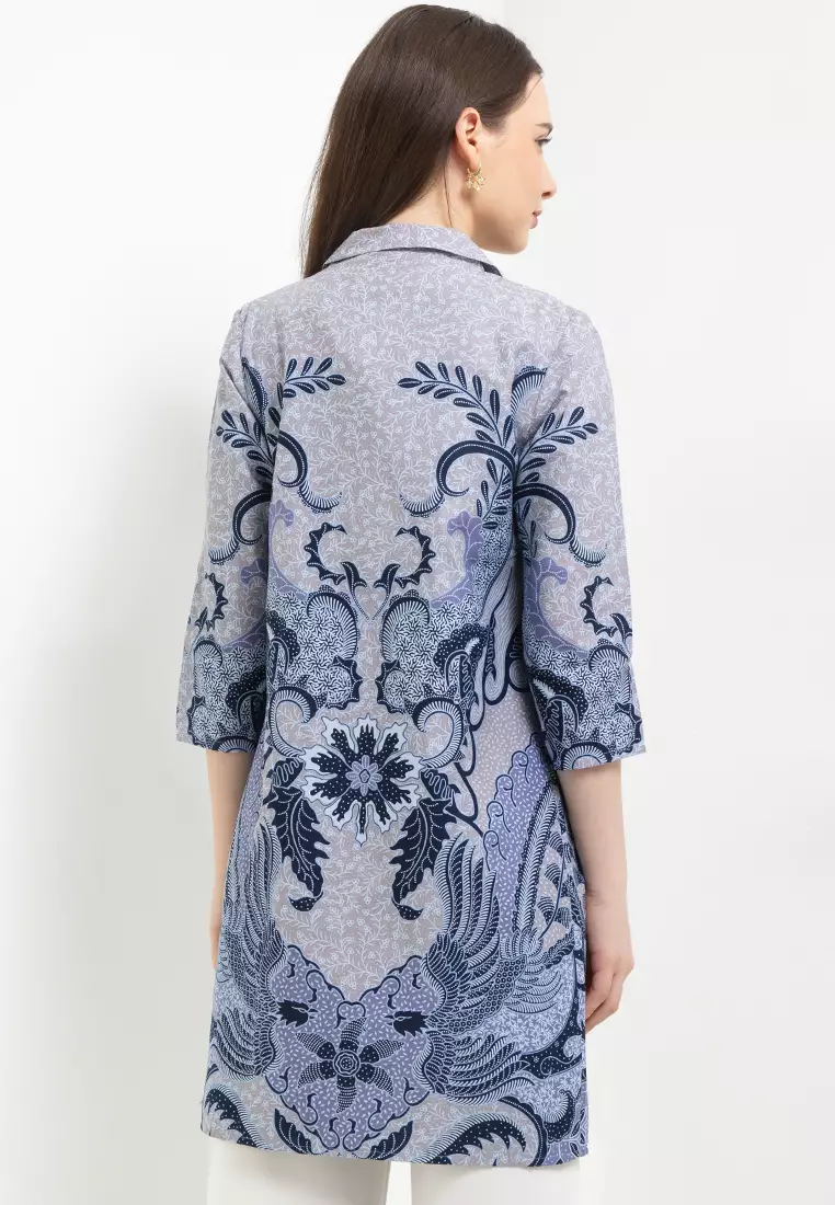 Outer Cardigan Atasan Batik Muslim Wanita Wibya Raya Blue Lengan Panjang