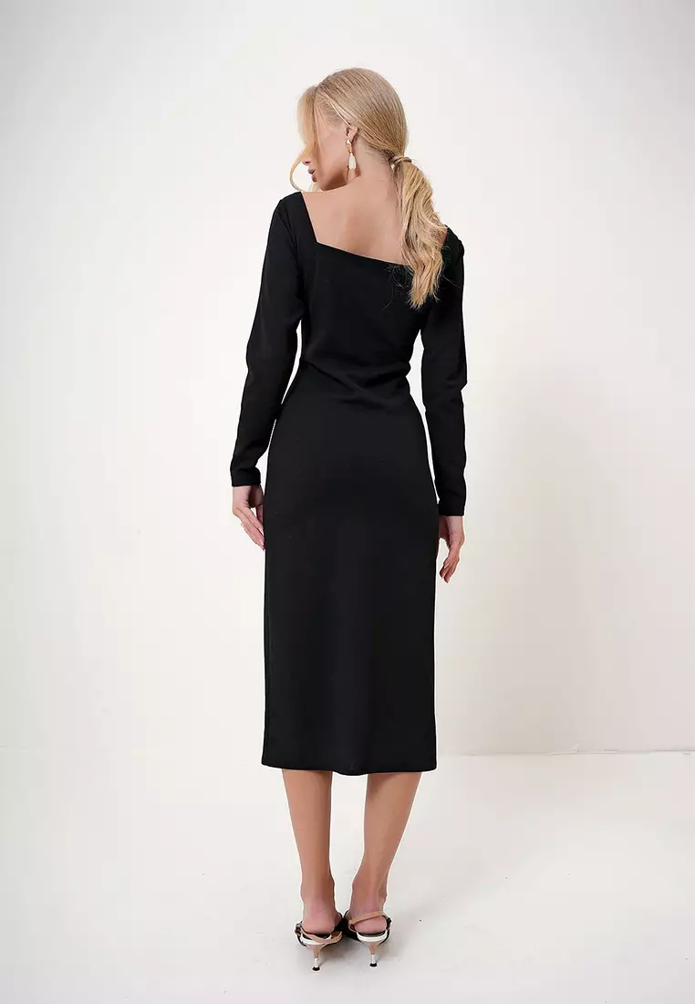 Women's Black Square Neck Midi Length Zippered Crepe Knit Dress Alc-X12785