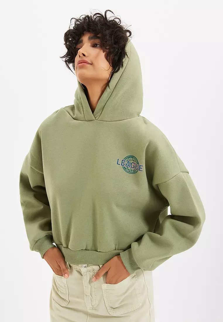 Mint Back Print Detail Hooded Thick Fleece Knitted Sweatshirt TWOAW22SW0711