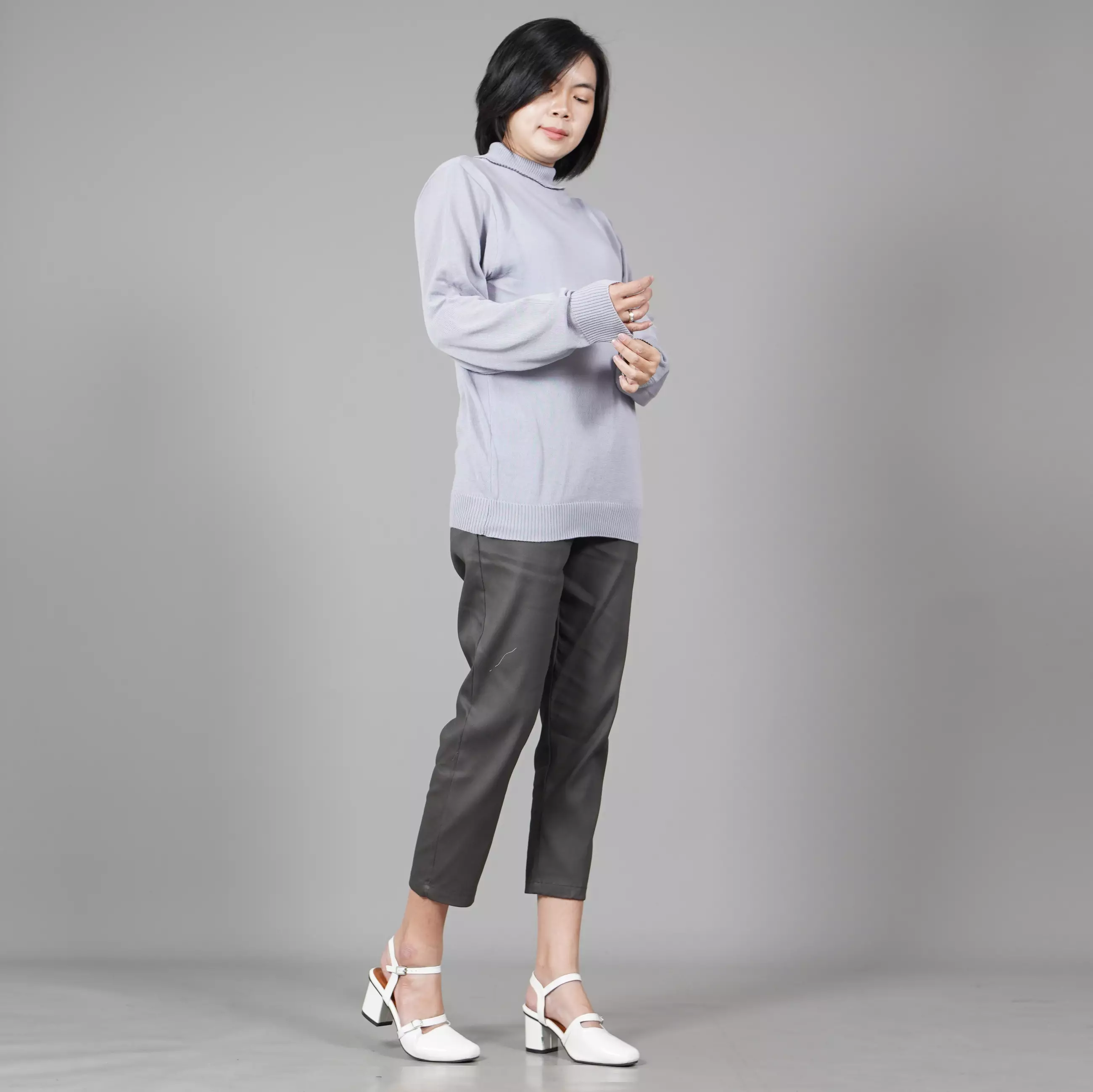  JEHOON High Neck Sweater Rajut Wanita Baju Musim Dingin - ABU MUDA