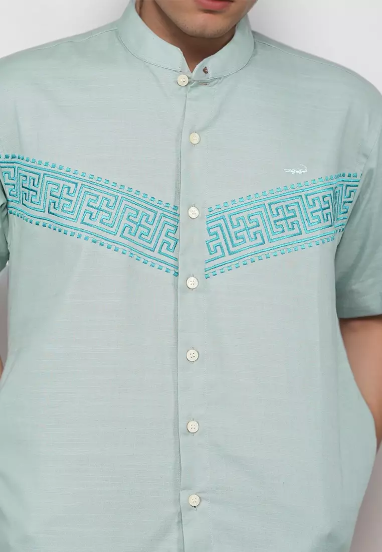 Crocodile KOKO 1106 Green - Linen Lengan Pendek Corak Tradisional Kemeja - Relax Fit