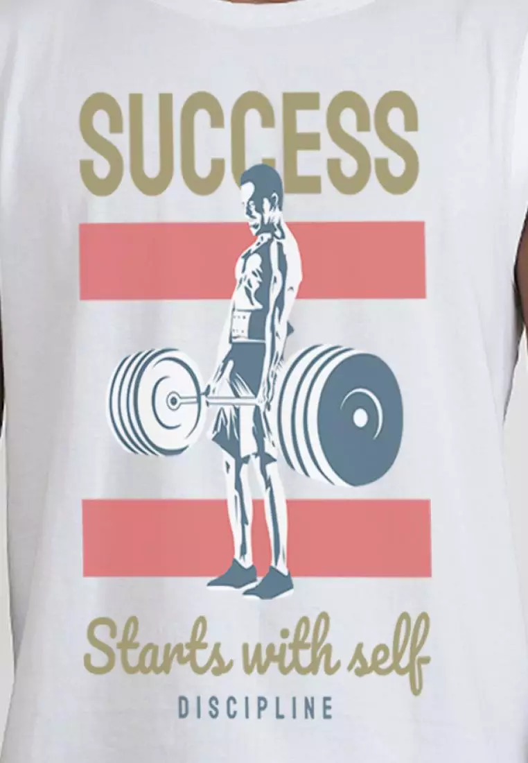 成功从这里开始白色图案无袖健身运动背心/背心