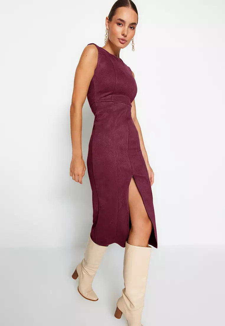 Purple Plain Midi Woven Dress TWOAW24EL00321