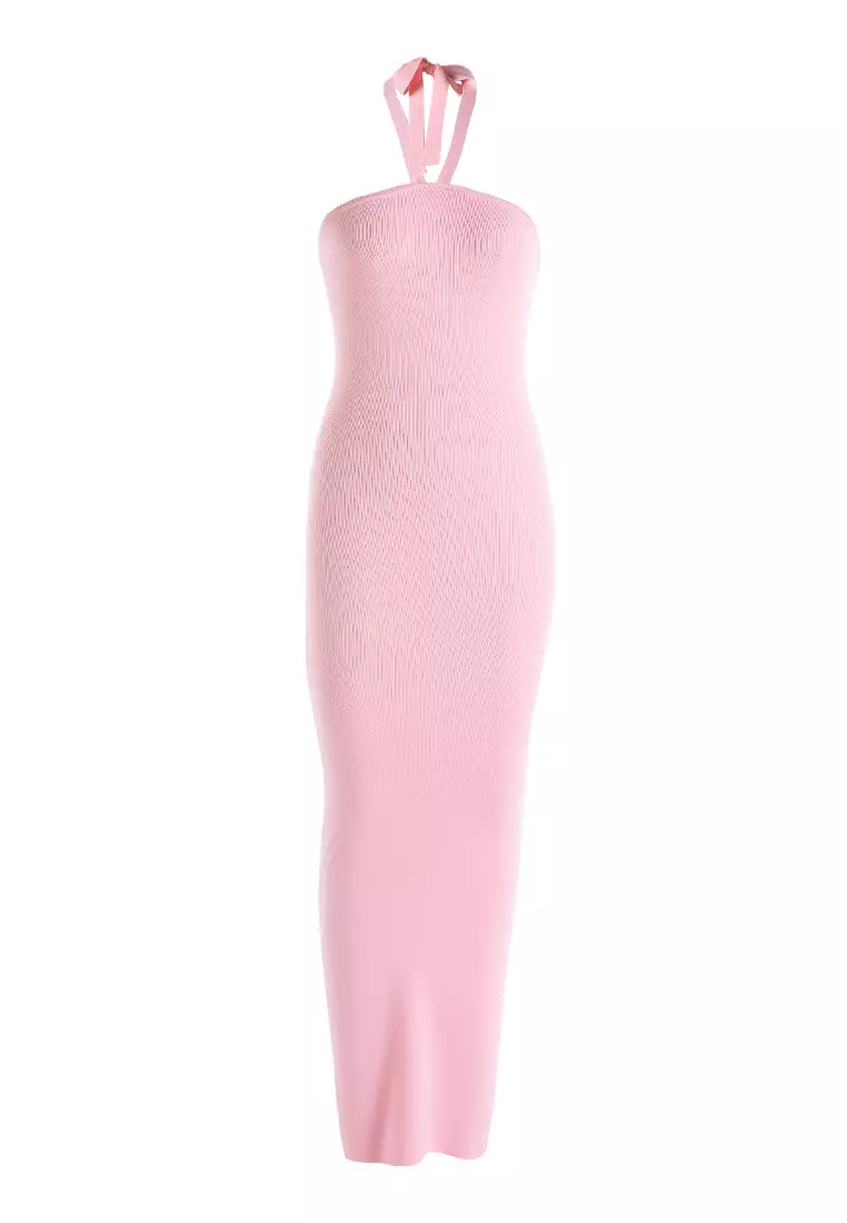 Halter Neck Bodycon Maxi Dress in Pink
