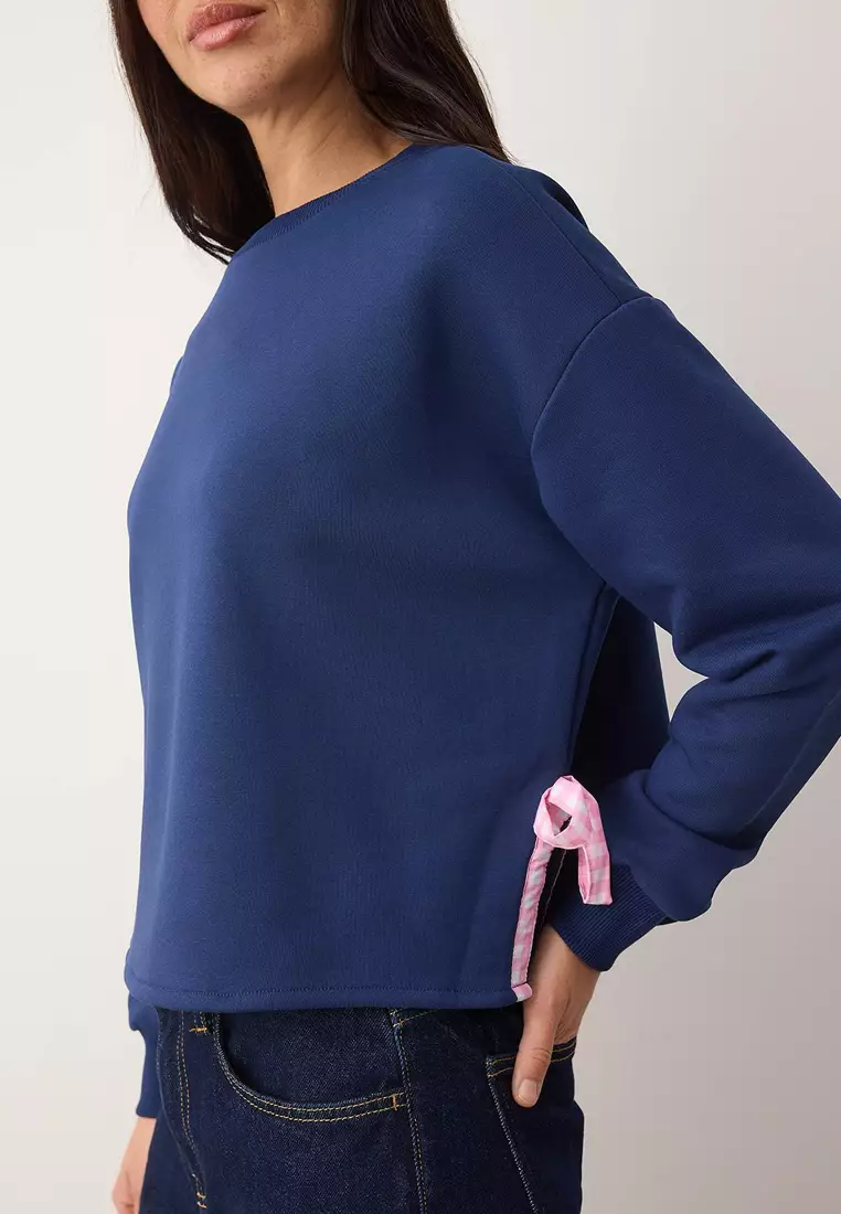 Navy Blue Thick Fleece Lined Ribbon Detailed Crop Length Knitted Sweatshirt Twoaw26Sw75