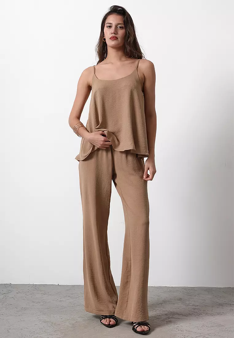 Brown Woven Strap Blouse Top Bottom Set