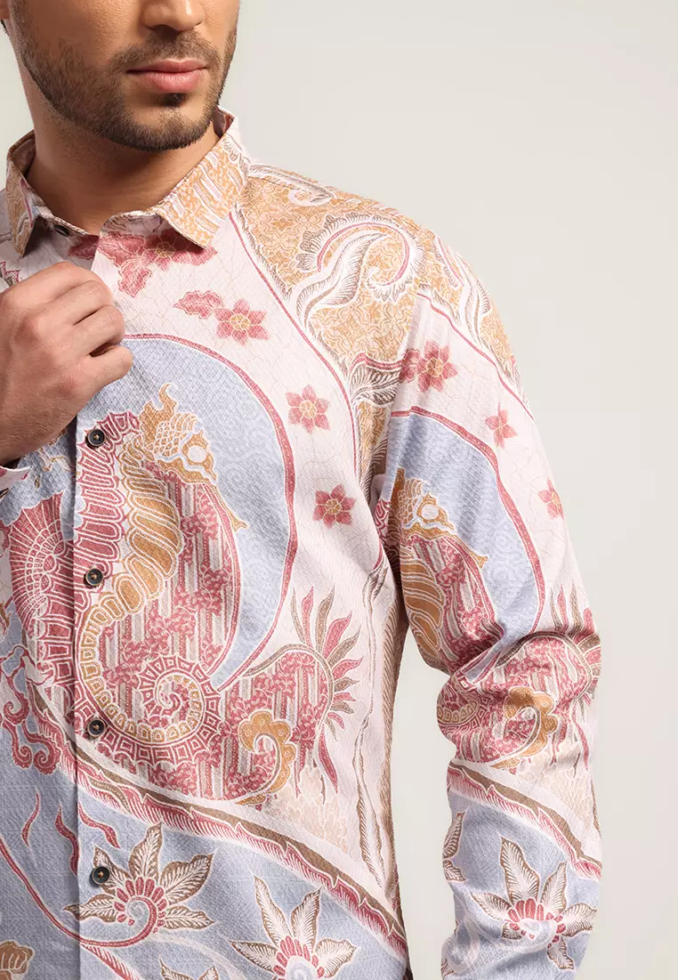 MOC - Kemeja Batik Pria Lengan Panjang Hippos - Beige Warna Beige