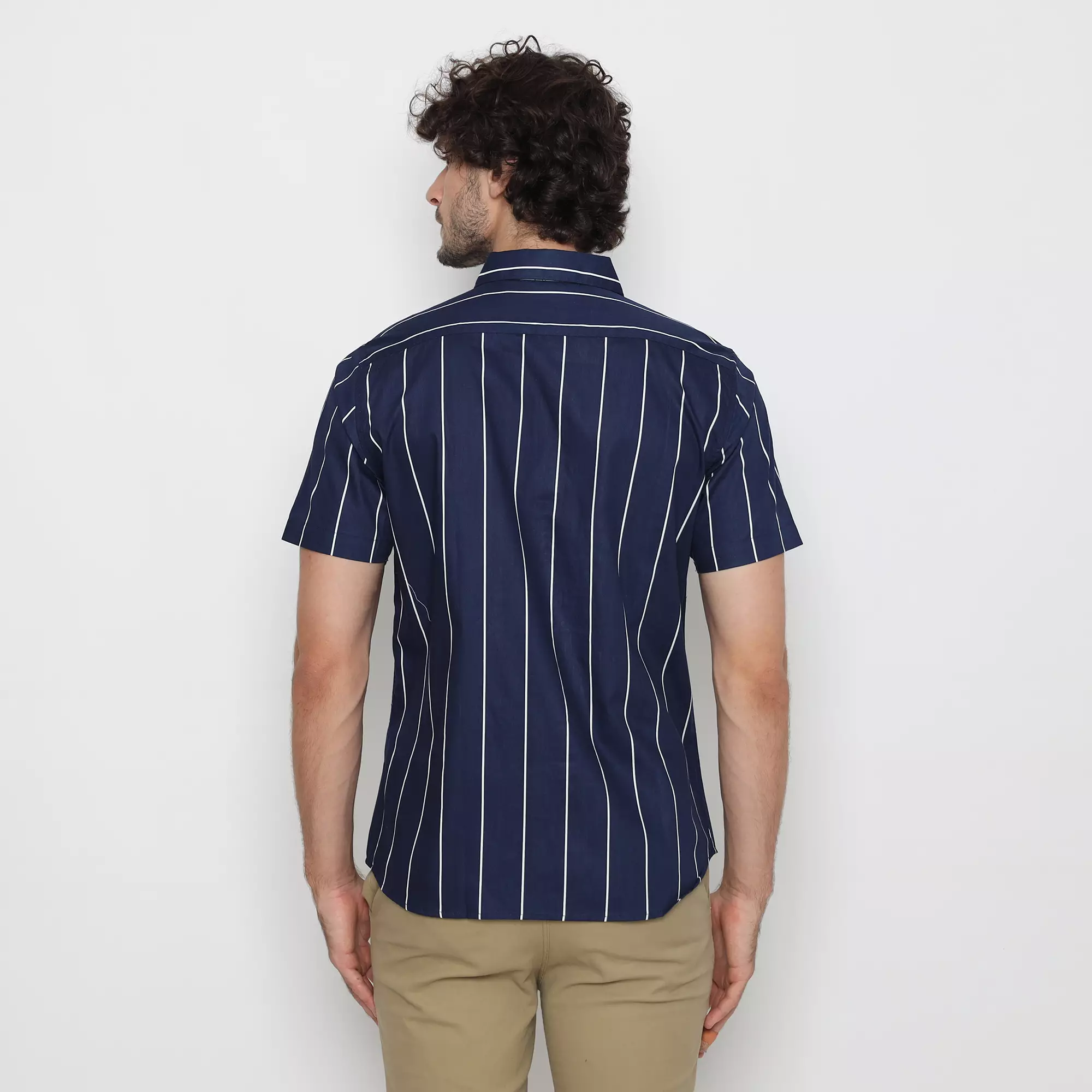 Platini Kemeja Motif Salur Pria Lengan Pendek Katun Navy 73424