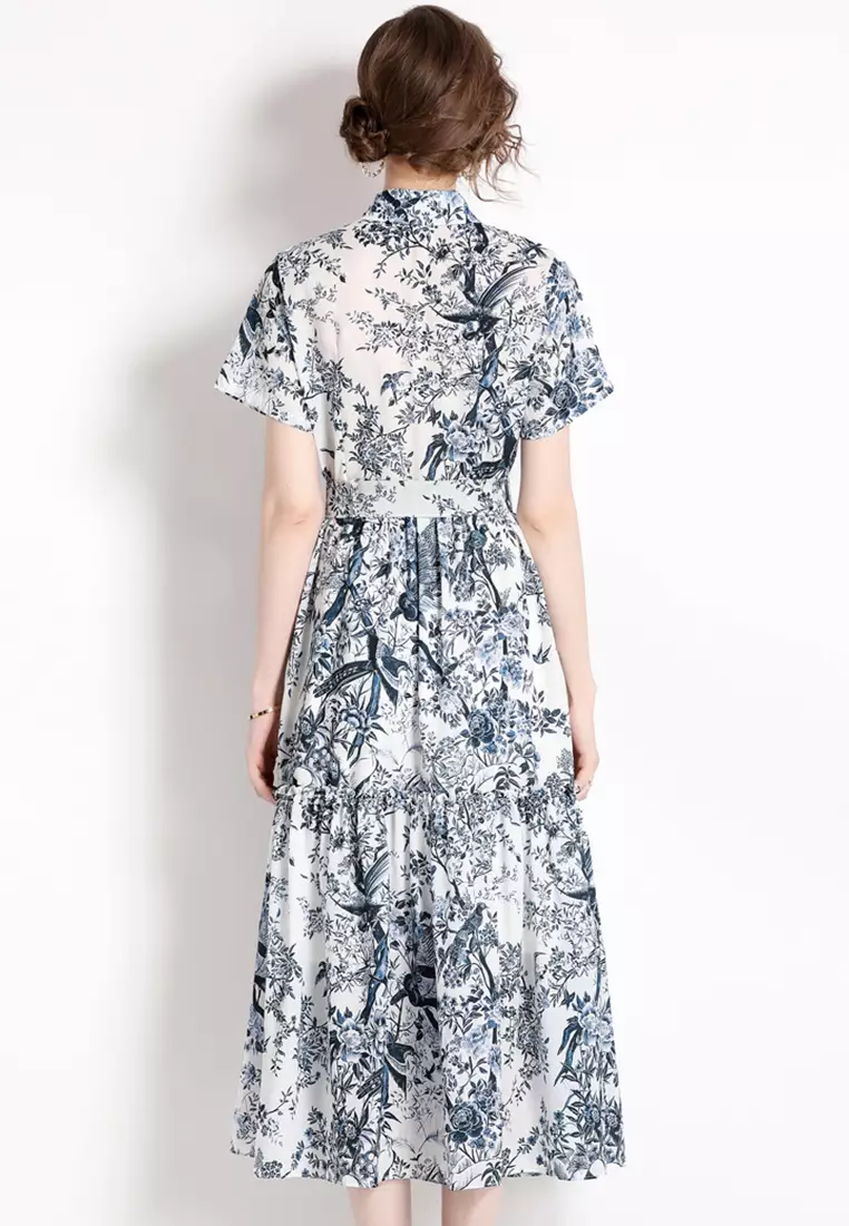 2025 S/S 氣質中國風印花收腰連身裙 A23022401