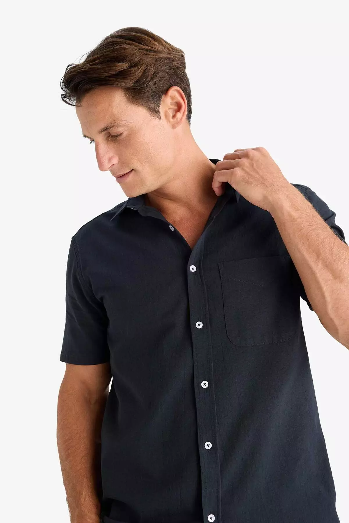 100% Cotton Regular Fit Summer Polo Collar Linen Look Short Sleeve White Shirt D7551Ax25Sp