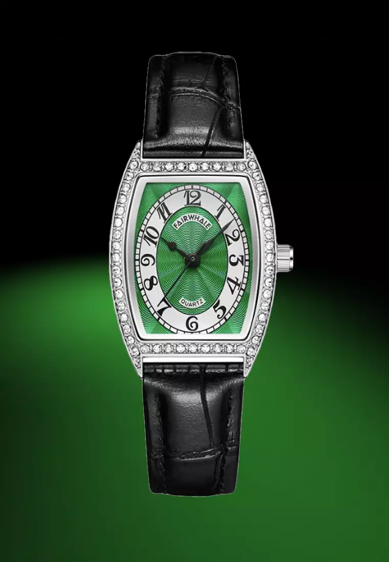 Ladies Barrel Shape Stainless Steel Quartz Watch, Green Dial, Black Leather Strap