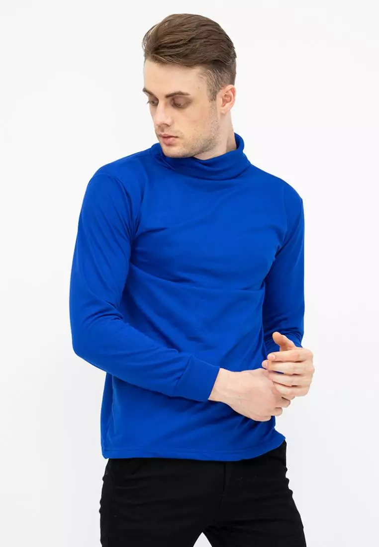 Turtle Neck pria lengan panjang biru kaos kerah tinggi slim fit houseofcuff