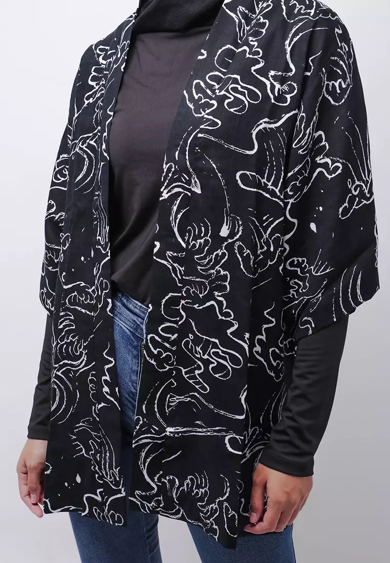 NTB05 KMN Kimono Outer Unisex Abstark 2 Hitam Putih