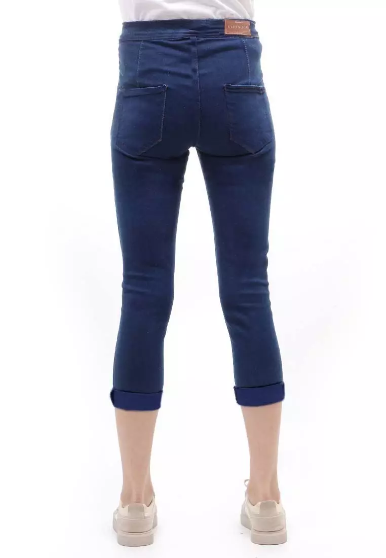Jeans 7/9 Bawahan Wanita High Waist Design Simple Relaxed Fit - Navy