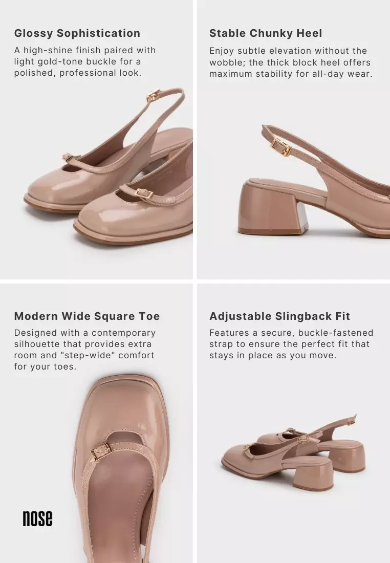 STEP-WIDE SQUARE TOE SLINGBACK CHUNKY HEEL
