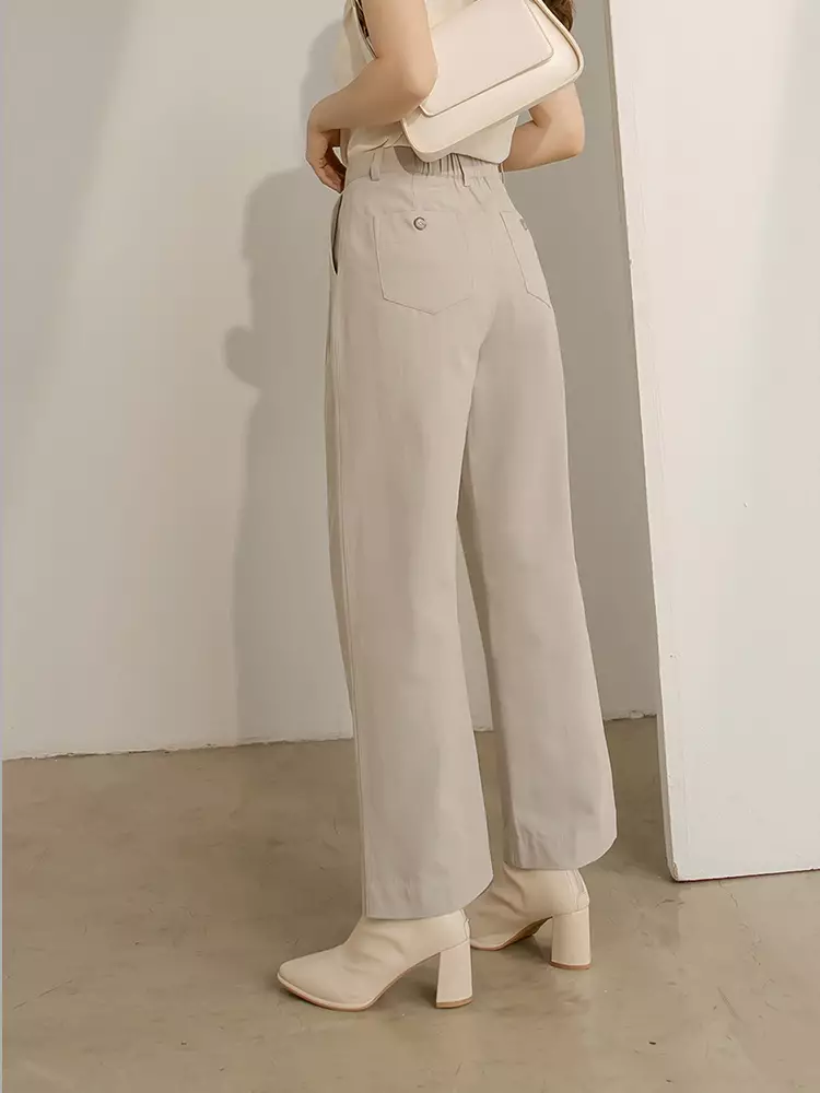 Cotton Waist-Defining Pleated Slim Straight Pants [BA7454]