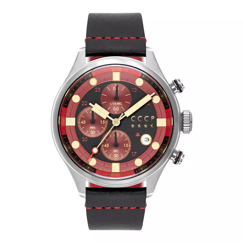 Jam Tangan Pria CCCP Comrade CP-7100-01 Chronograph Dual Tone Dial Black Leather Strap