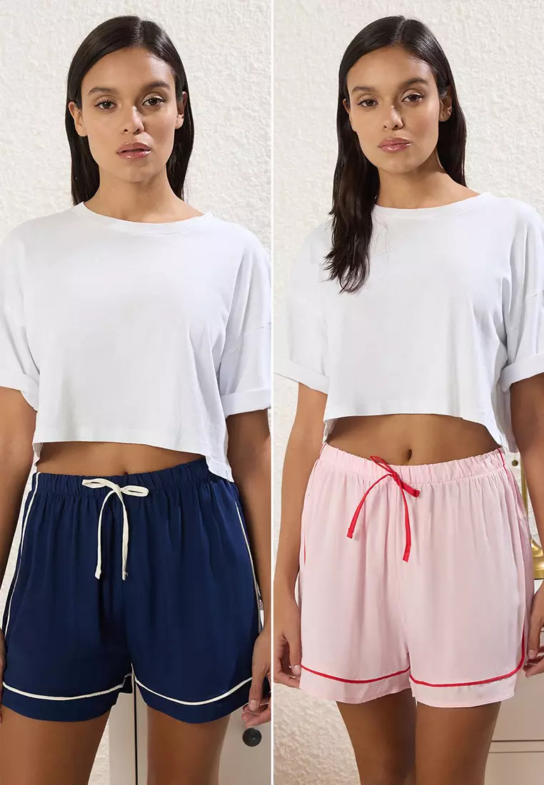 Multi-Colored 2-Pack Tied/Bow and Piping Viscose Shorts Woven Pajama Bottoms THMSS25PJ00012