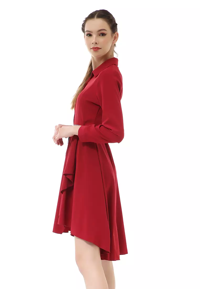 Rachel Dress Kemeja Wanita Lengan Panjang Pita Samping Material Twiscone ORIGINAL - Red