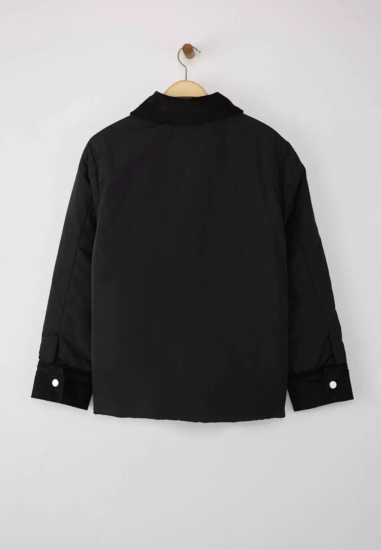 Black Regular Fit Collar Velvet Detail Fiber Thin Jacket Coat