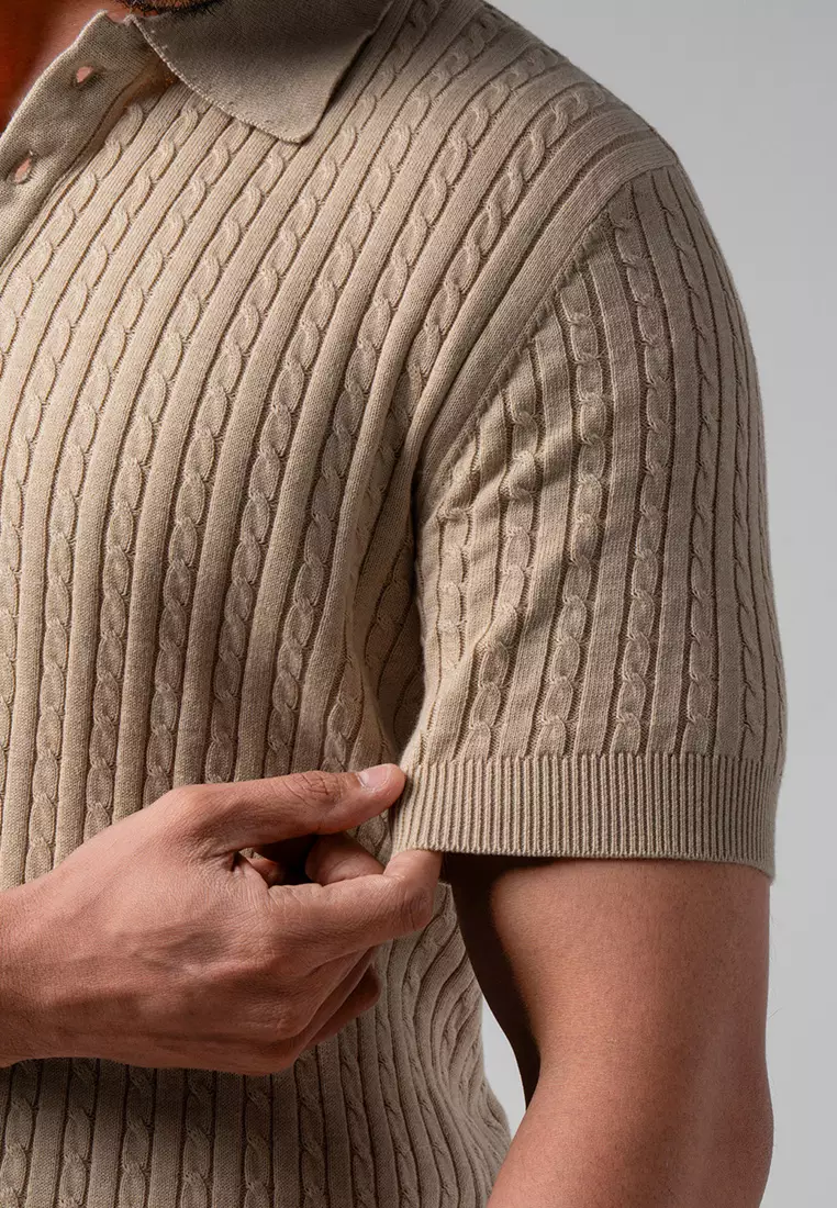Mens Cable Knit Cotton Polo Beige