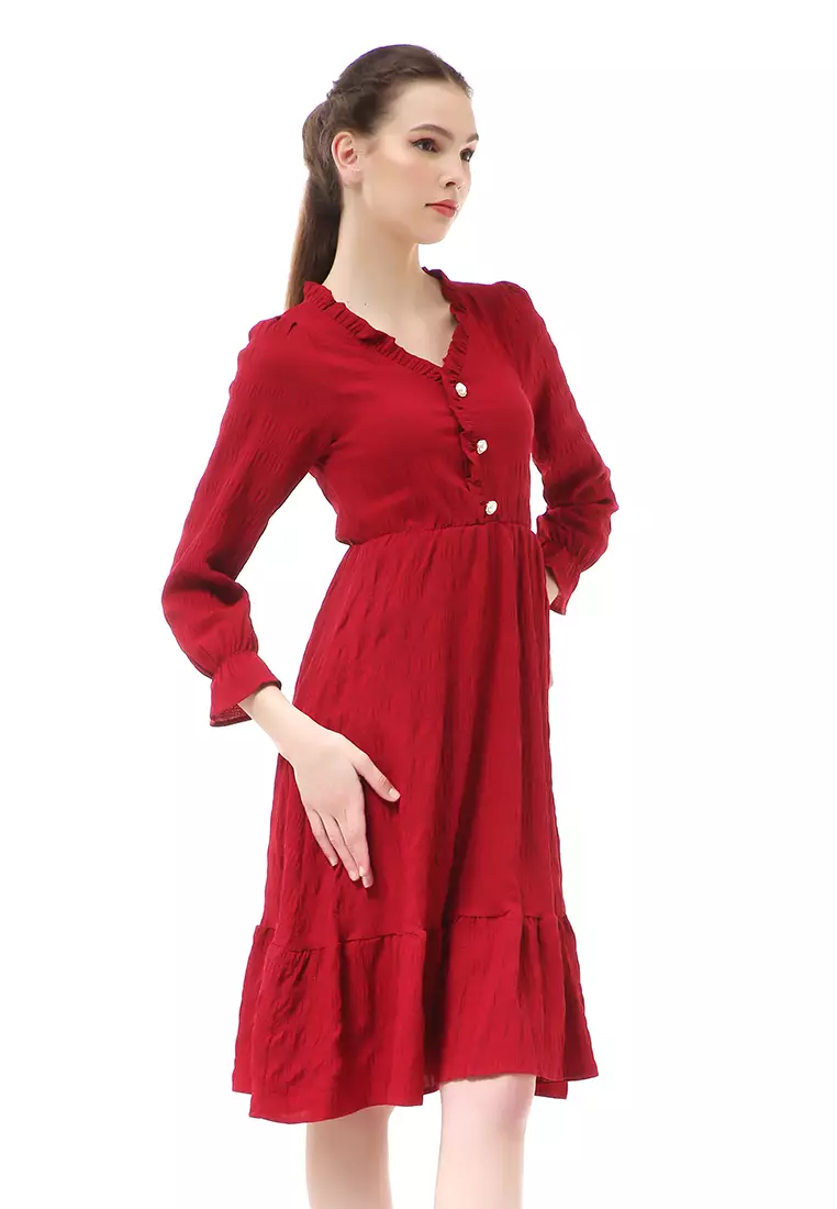 Rachel Dress Kasual Wanita Lengan Panjang Model Simple Material Chiffon ORIGINAL - Red