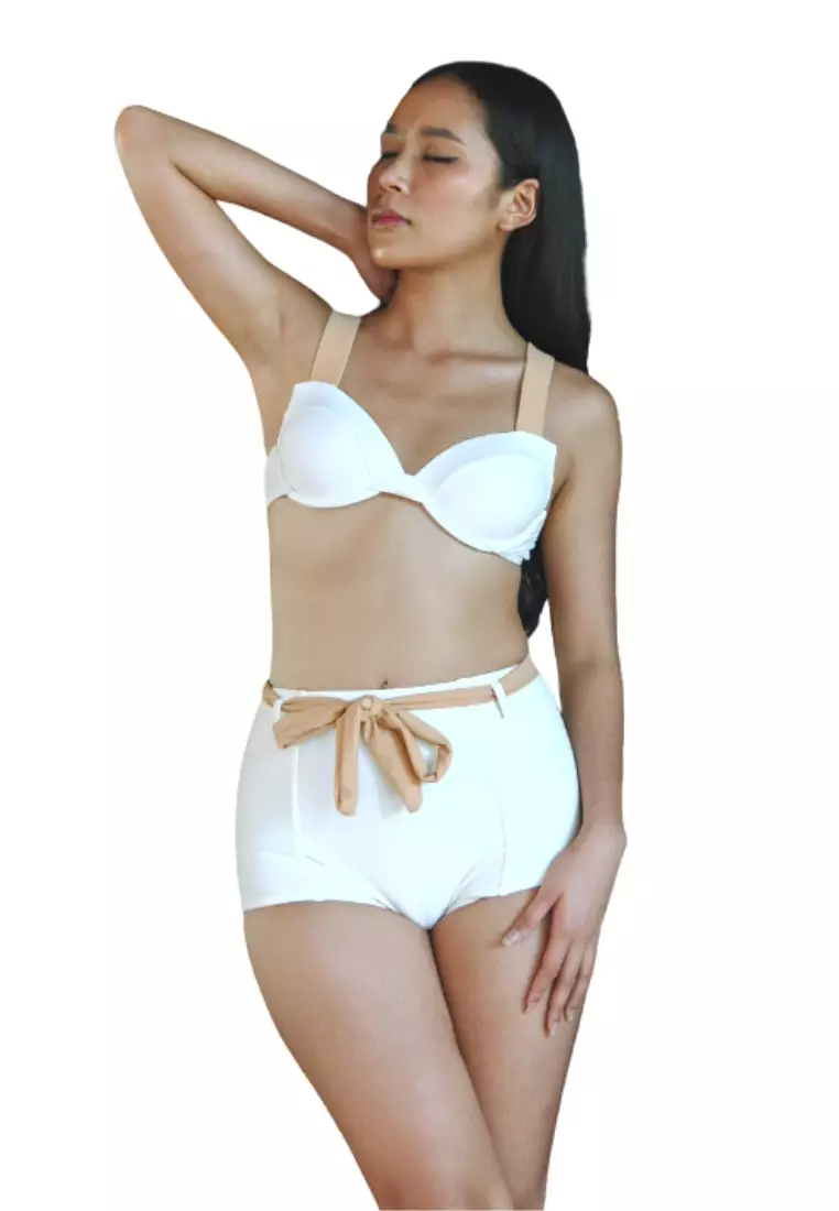 Milla Neutral Push Up Moulded Cup High Waist Bikini Set with Underwire in Cream White
