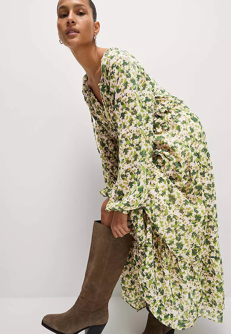 Chiffon Floral V-Neck Midaxi Waisted Dress