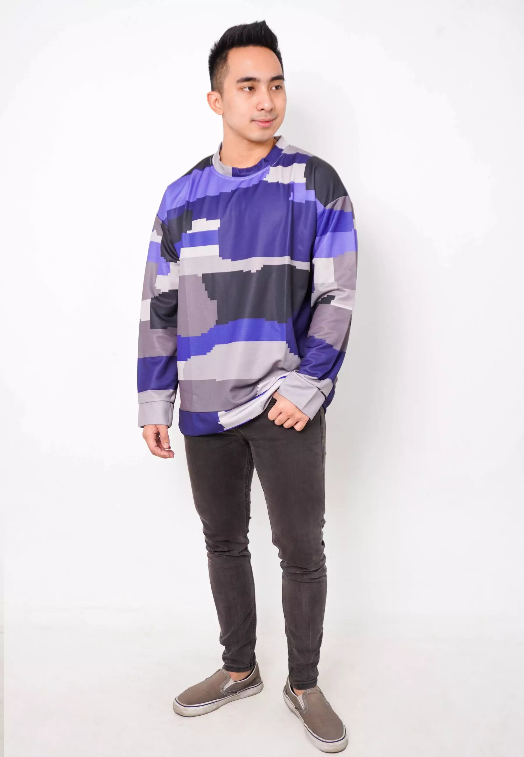 NW002 sweater oversize lightweight loreng garis garis multicolor biru hitam abu unisex efek rajut
