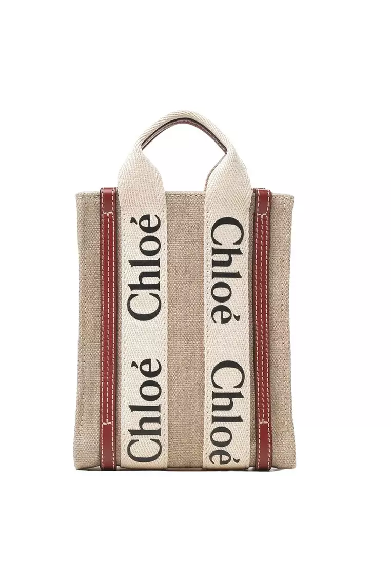 Mini Woody North South Tote Bag in White/Brown