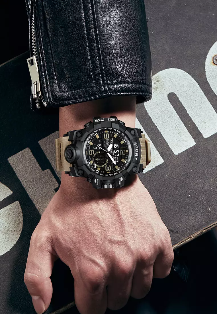 Jam Tangan Pria D002 Original Olahraga Jam Digital Multifungsi Tali Silikon Jam Tangan Cowok Khaki