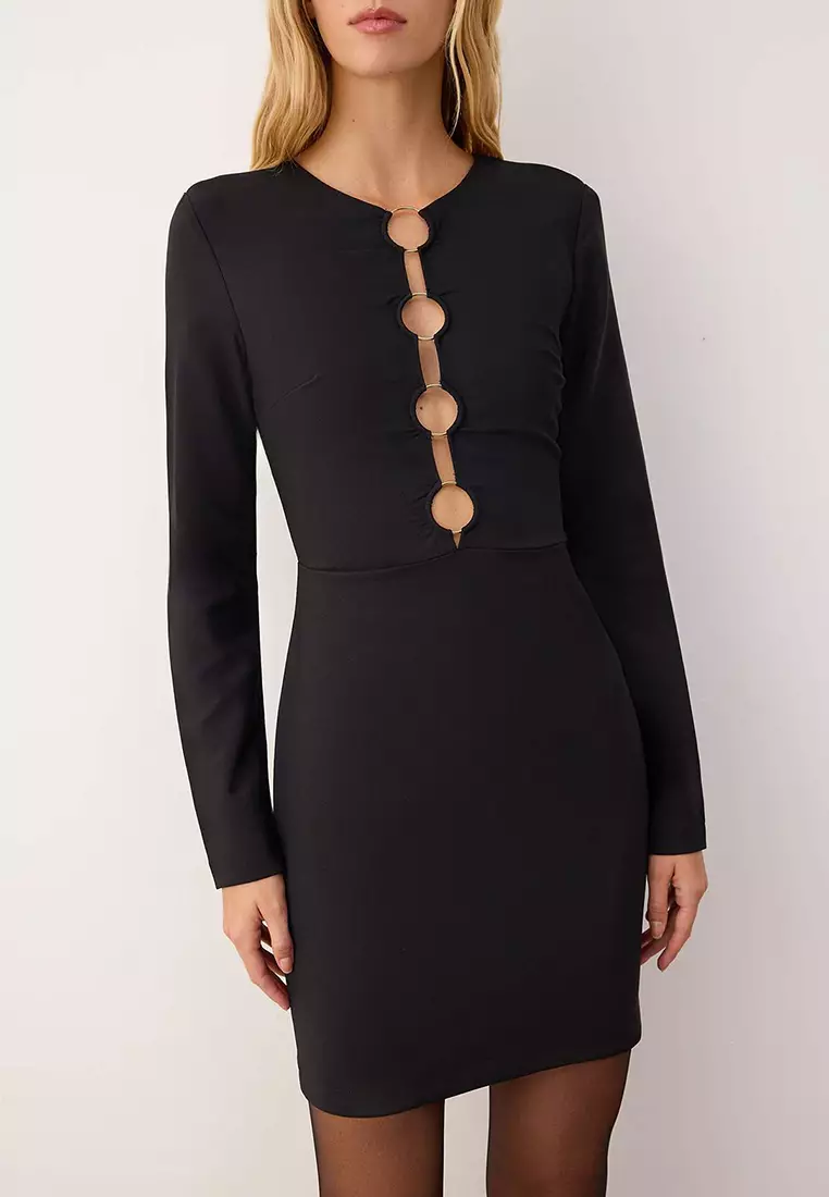 Black Plain Accessory Detailed Woven Finike Short / Mini Unlined Cocktail Dress