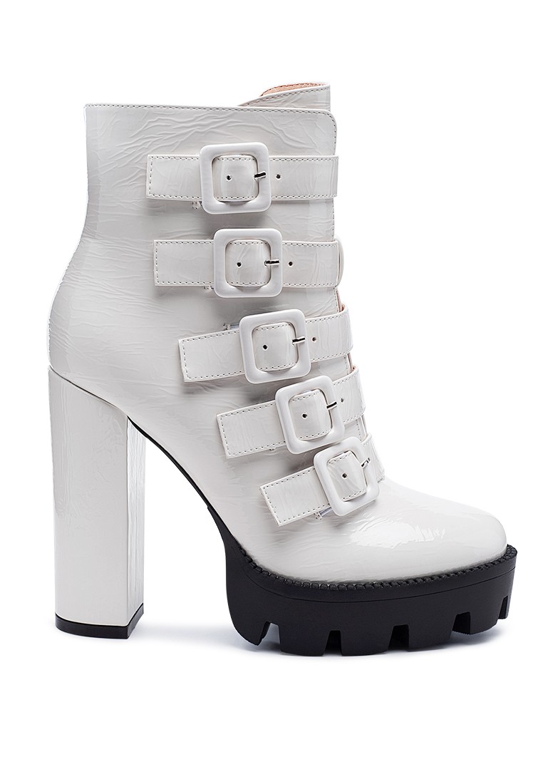 Patent PU High Block Heeled Boot in White