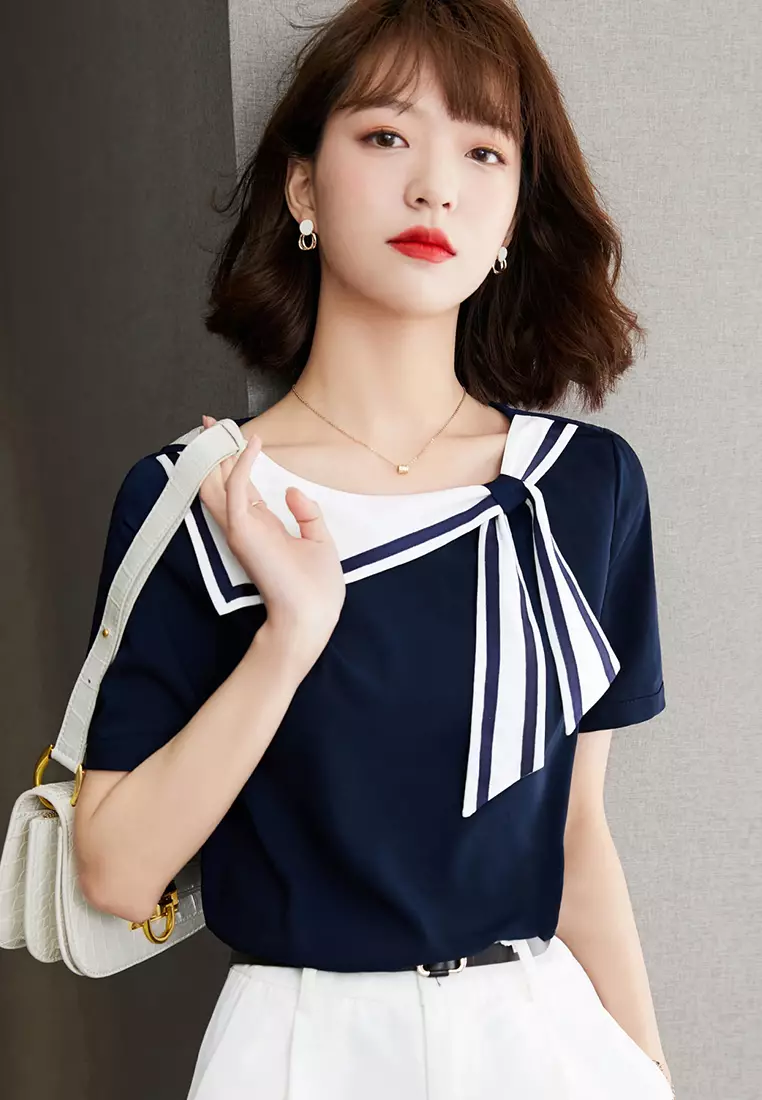 Western-Style Navy Blue Collar Loose Short-Sleeved Top A22022519BL